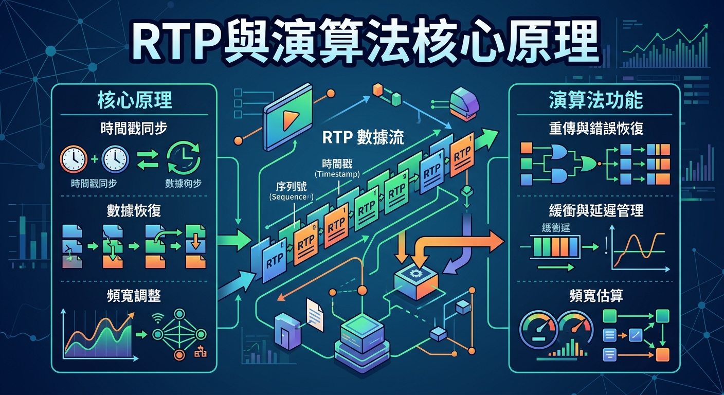這張圖像是關於「RTP與演算法核心原理」的資訊圖表,以深藍色為背景,中央展示著標有時間戳與序列號的 RTP 數據流。 左右兩側配合圖標與流程圖,清晰呈現數據同步、重傳恢復、緩衝延遲管理及頻寬估算等核心功能機制。