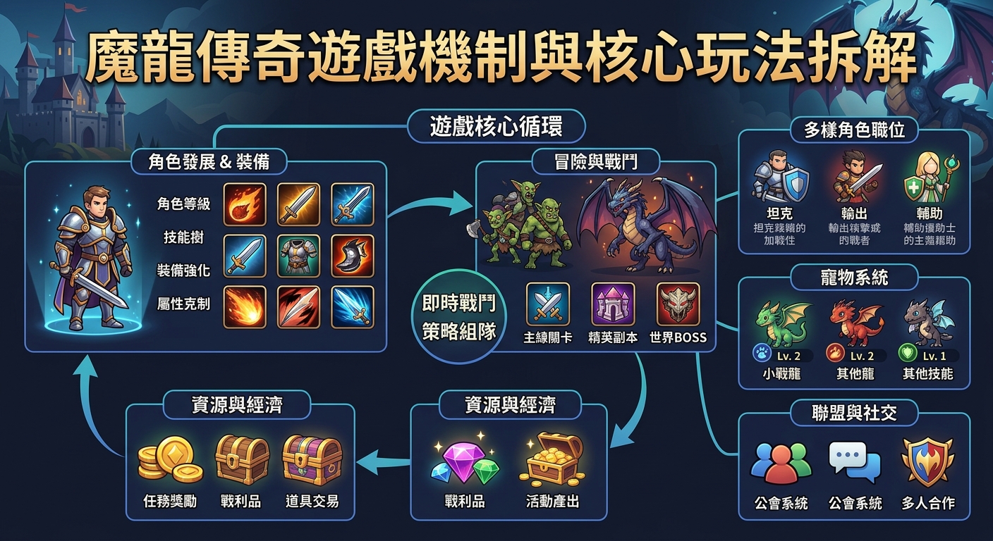 這張圖片是一份遊戲機制與核心玩法拆解圖,詳細說明了角色發展、戰鬥與經濟系統。 圖中包含角色等級、技能樹、裝備強化、寵物與聯盟社交等模組介紹。
